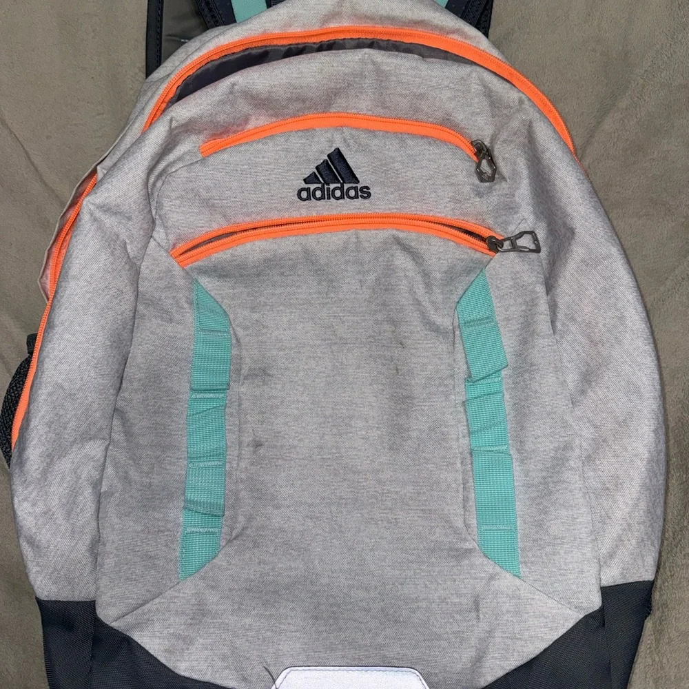 adidas Light Gray Backpack with Teal Accents and Orange Zippers - Picture 1 of 7